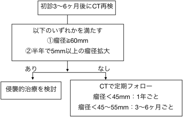 2020年の慢性大動脈解離の診断・フローチャート。初診3〜6ヶ月後にCT再検。瘤径≧60mmか半年で5mm以上の瘤径拡大のいずれかを満たす場合、侵襲的治療適応を検討。ない場合は、CTで定期フォロー（瘤径＜45mm：1
年ごと、瘤径＜45〜55：3〜6ヶ月ごと）。